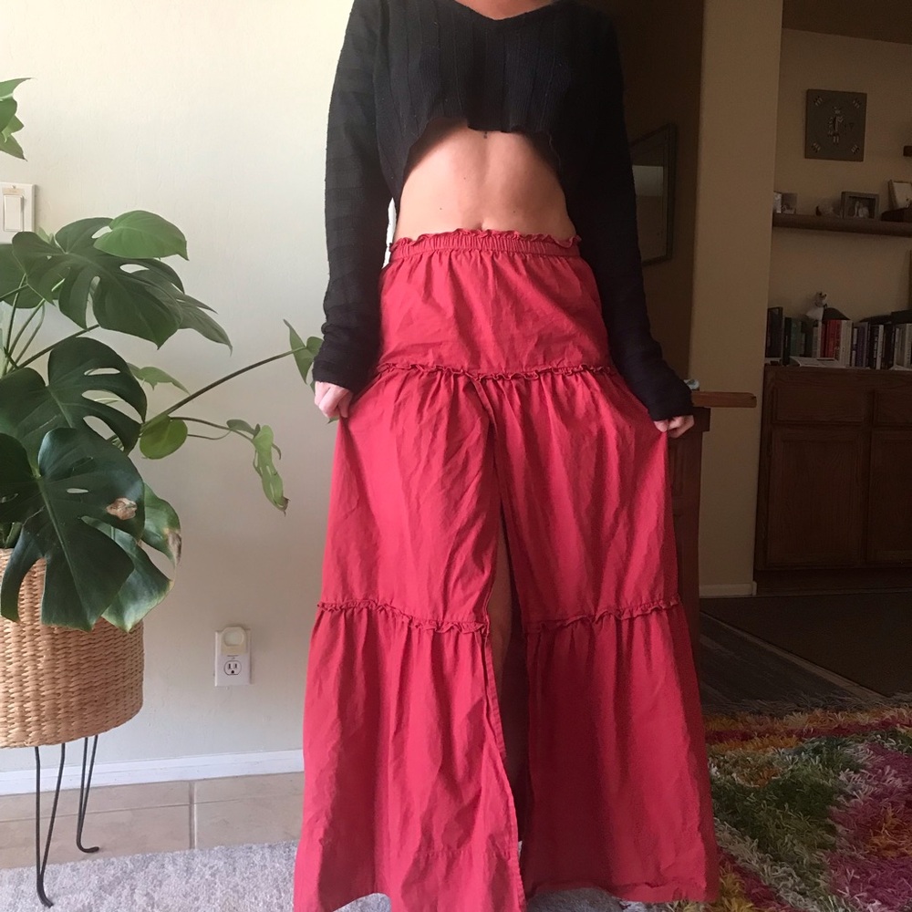 POSSE Lyndy Australia Red Tiered Maxi Floor Length High Slit Prairie Skirt